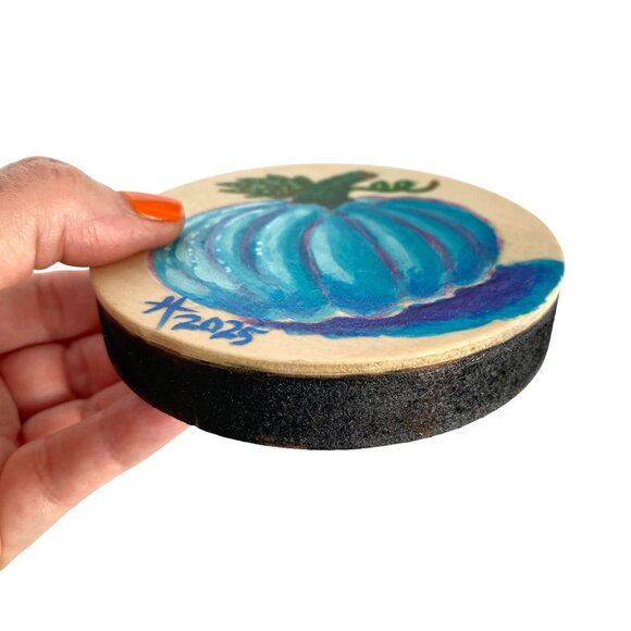 Blue Pumpkin Original Acrylic Painting on Wood Round 4in Desk or Wall Art - Picture 3 of 6